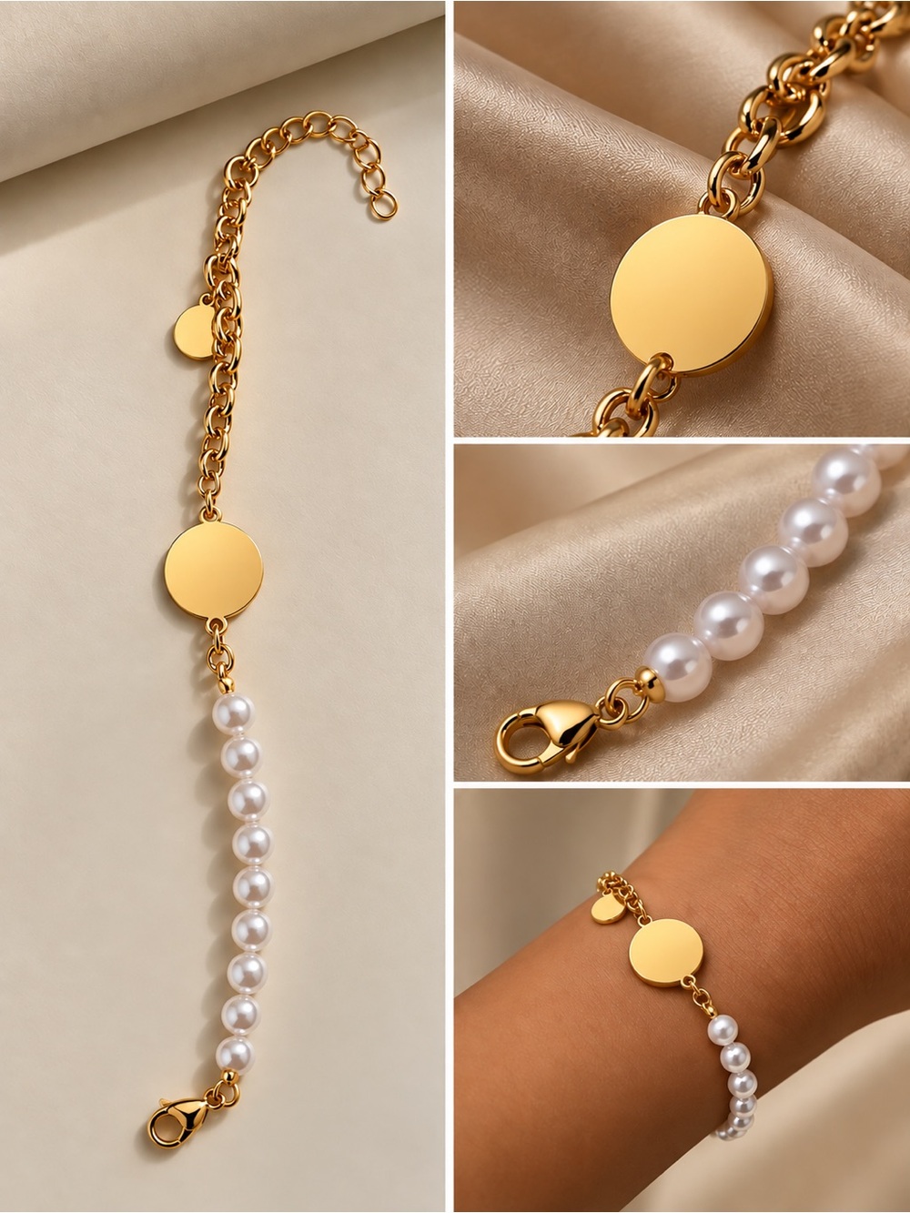 Gold and White Pearl Chain Bracelet - Elegant Disc Accent